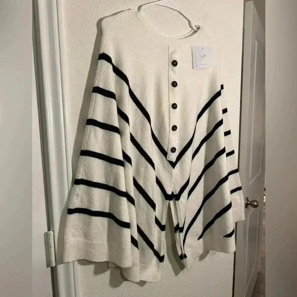 J Jill Nautical Sweater Shall Cape White Navy Striped Button Down Poncho Size OS - Picture 2 of 9